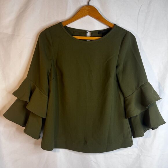 J Crew Statement Sleeve Blouse Green Boho Dressy Office Work Size 0P - Picture 8 of 8